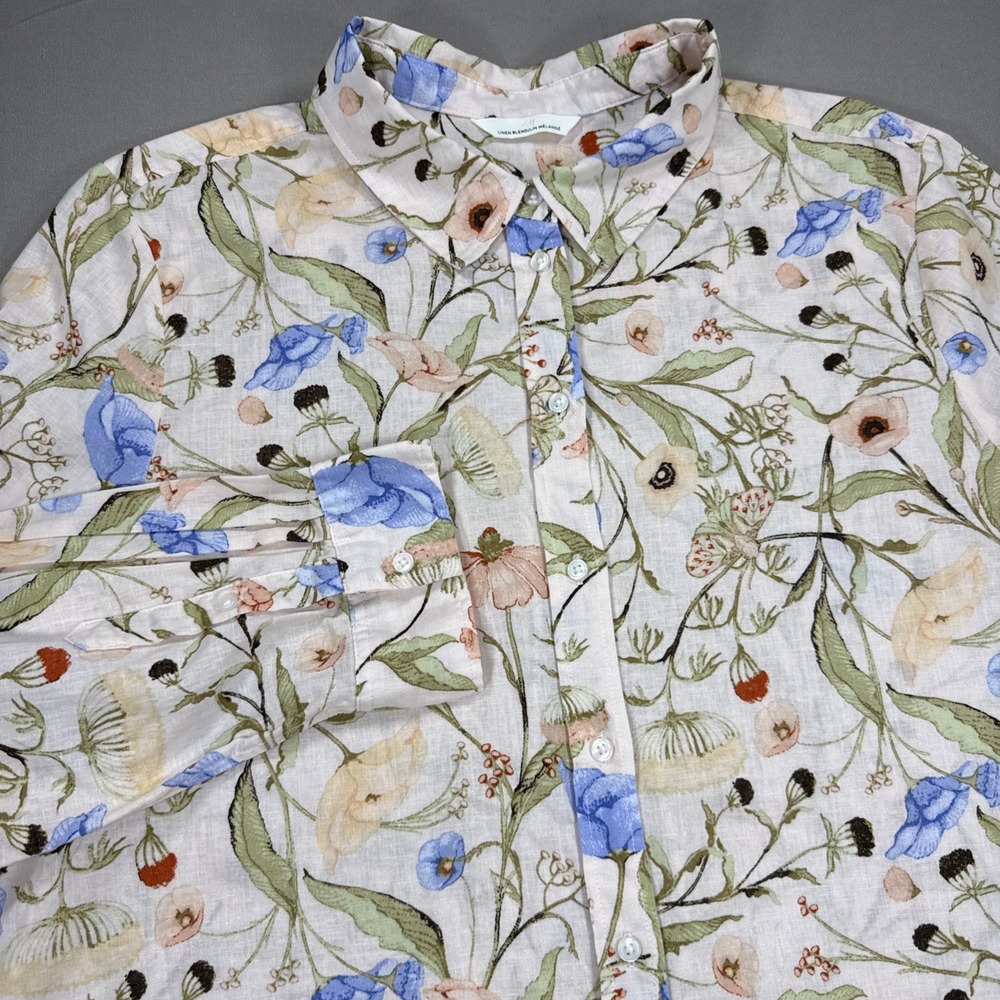 H & M Shirt Women's Large Peach Floral Linen Blend Long Sleeve Blouse